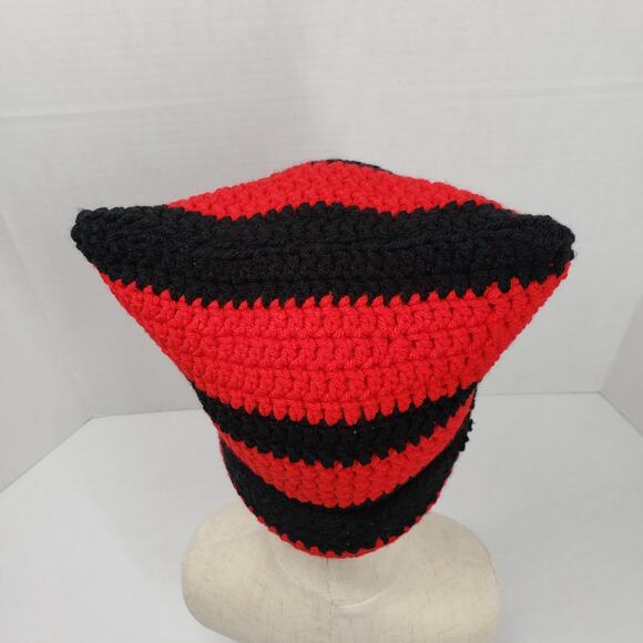 Cat Ear Beanie Crochet Hat Black Red Striped Handmade Knit Kitty Grunge Winter - Picture 7 of 11